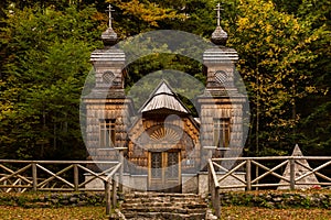 The wooden Russian Chapel near the VrÃÂ¡iÃÂ Pass in Slovenia photo